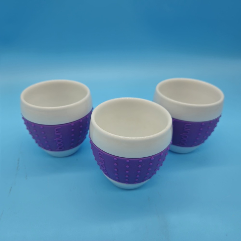 BODUM Pavina Porcelain 3 Espresso Cups Dotted Silicone Grip Purple New